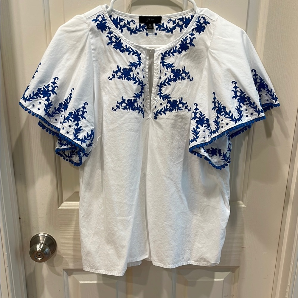 J. Crew White and Blue Embroidered Bib Collar Blouse